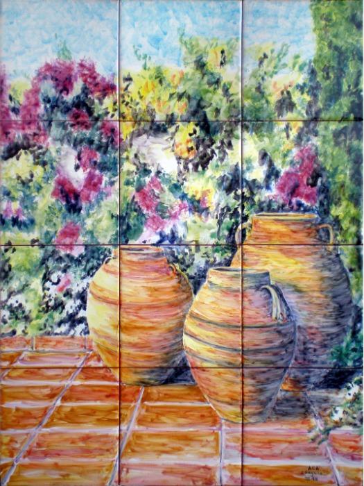 Mural de azulejos Orzas decorativas con flores